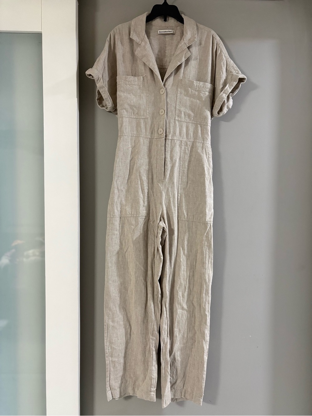 Abercrombie Light Beige Linen Jumpsuit - Relaxed Short Sleeve
